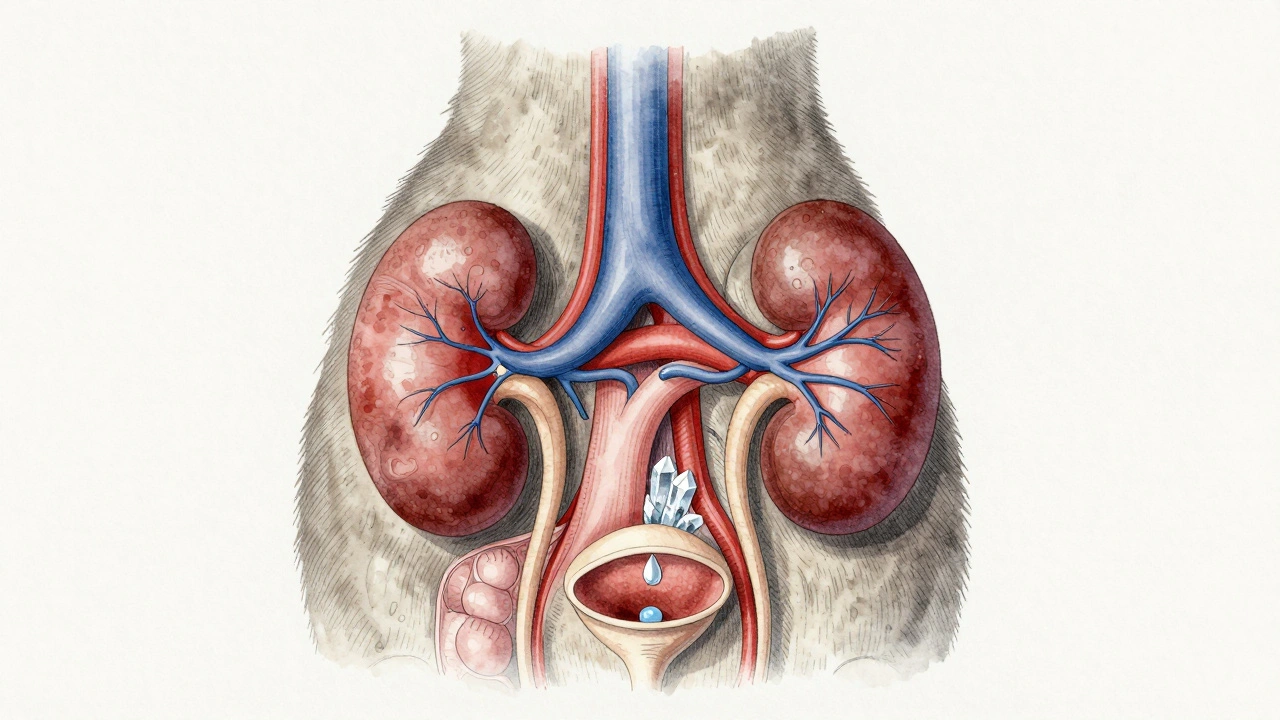 Схема внутренних органов кошки с акцентом на почки и мочевой пузырь при обезвоживании от сухого корма.