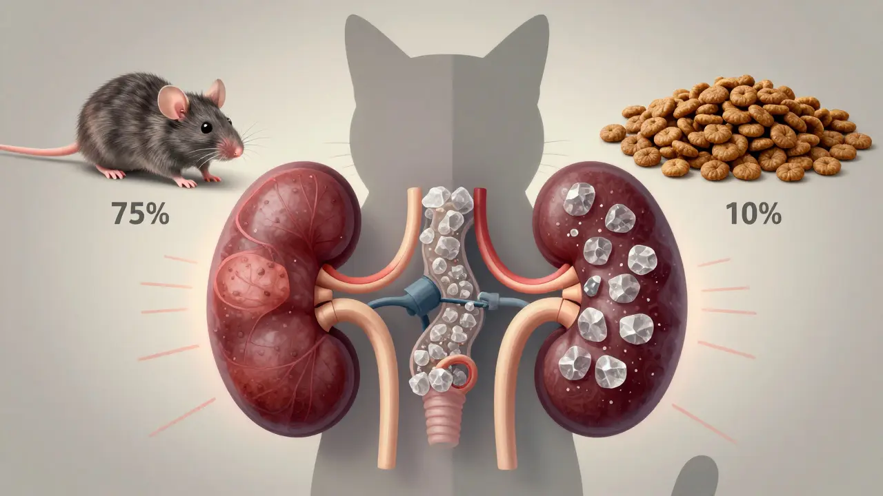Схема внутренних органов кошки с кристаллами в почках, рядом — сравнение мыши и сухого корма.