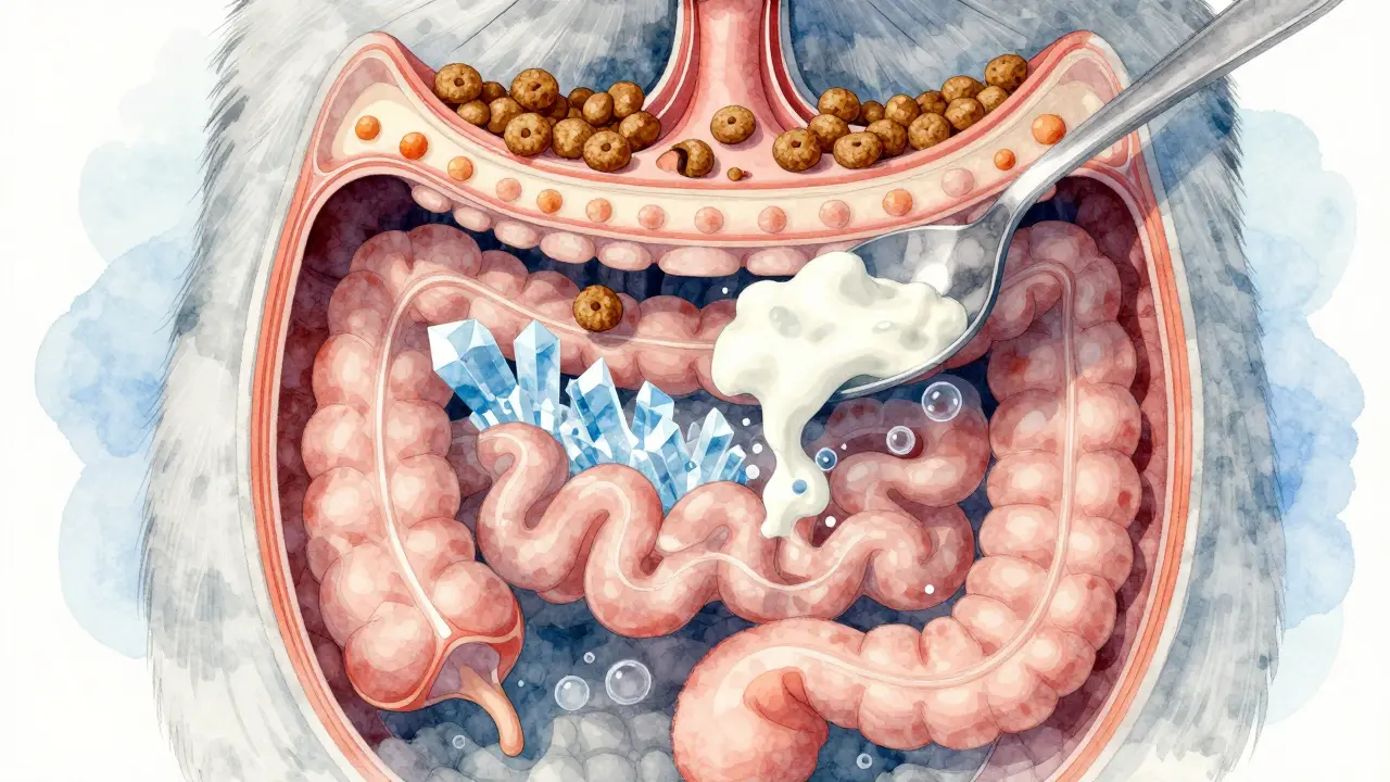 Схематичное изображение пищеварительной системы кошки с кристаллами в мочевыводящих путях и вздутием кишечника от кефира.