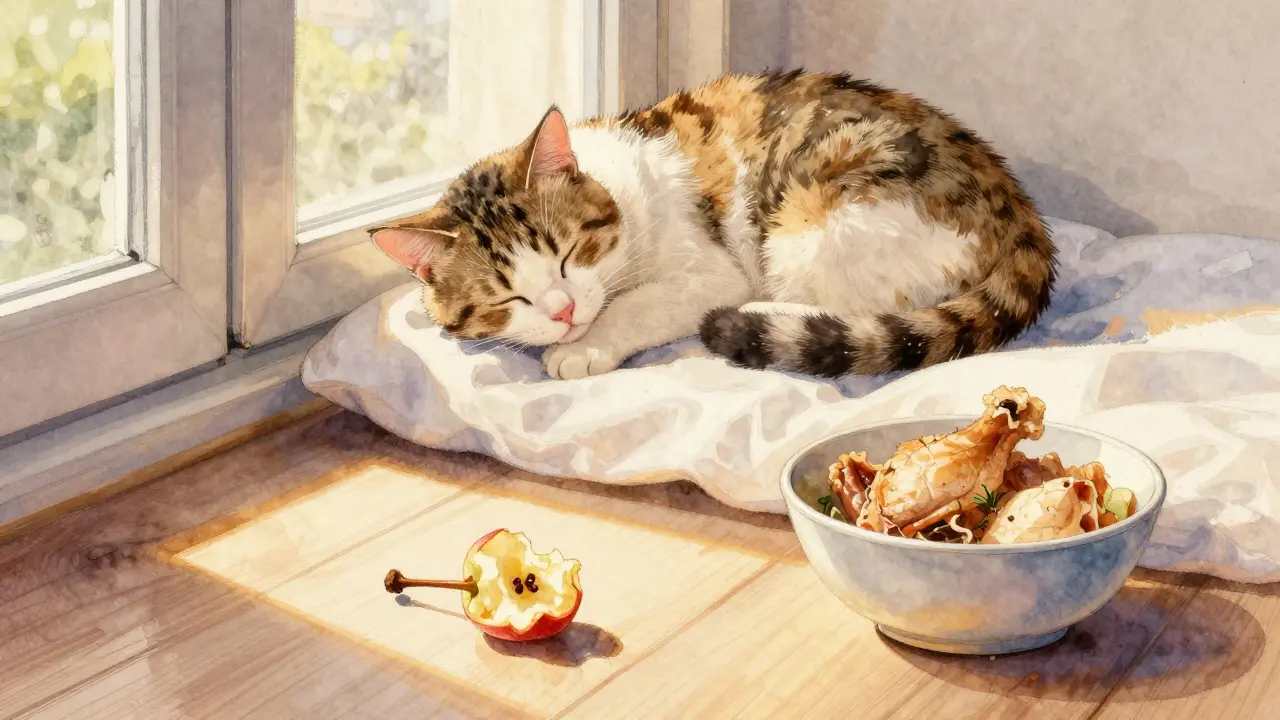 Спит кошка на подоконнике, рядом — остатки яблока и курица.