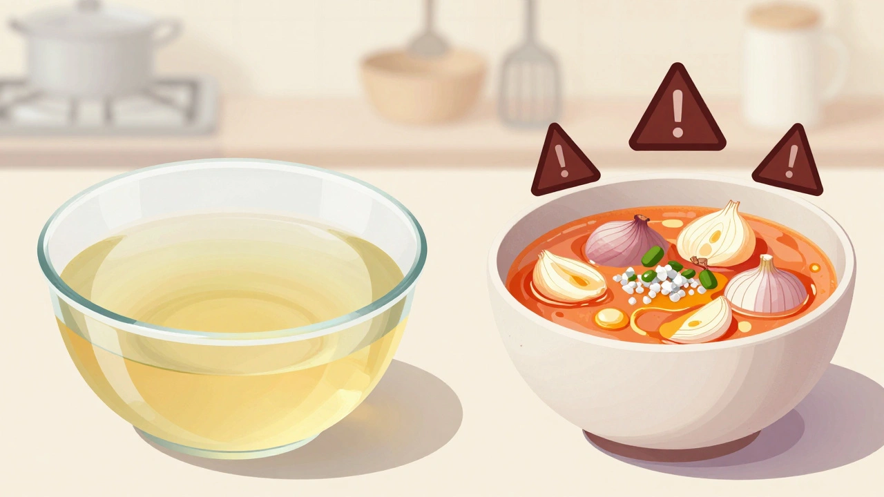 Сравнение безопасного бульона для кошки и опасного человеческого супа.