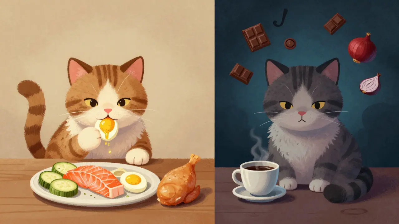 Сравнение безопасных и опасных продуктов для кошки в двух частях изображения.