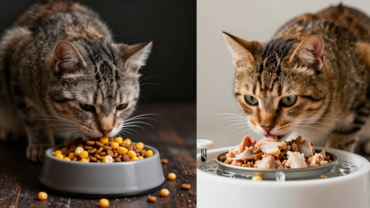 Сравнение двух состояний кошки: одна ест сухой корм и выглядит вяло, другая — влажный корм и активна.