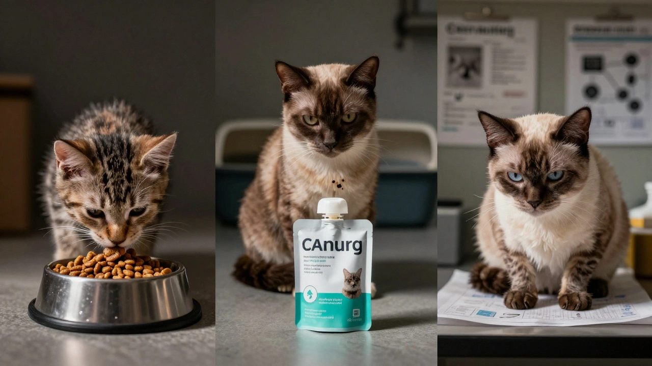 Три этапа жизни кошки: щенок, взрослая и пожилая — с визуальным переходом от сухого к влажному корму.