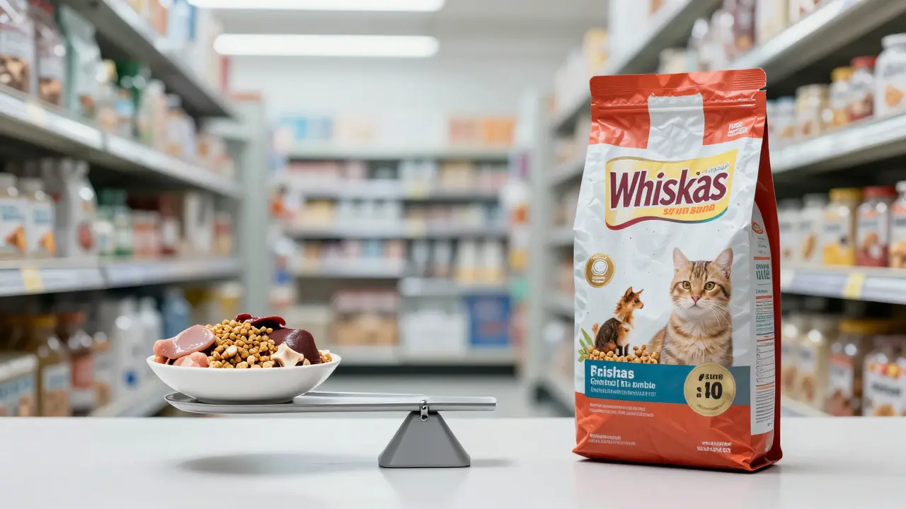 Весы: натуральная еда против дешевого корма — чаша с мясом перевешивает пакет с злаками.