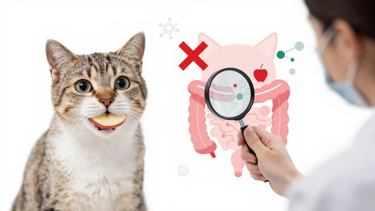 Ветеринар объясняет владельцу, почему фрукты вредны для кошек.