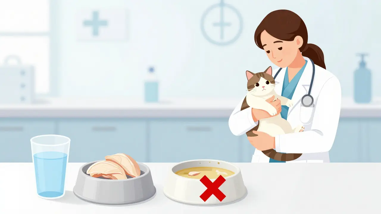 Ветеринар показывает кошке чистое вареное филе вместо супа.