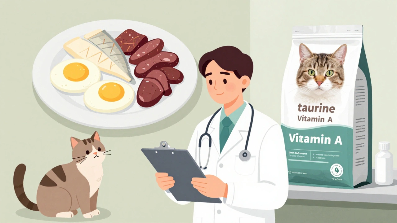 Ветеринар показывает кошке сбалансированный рацион из натуральной еды и корма.