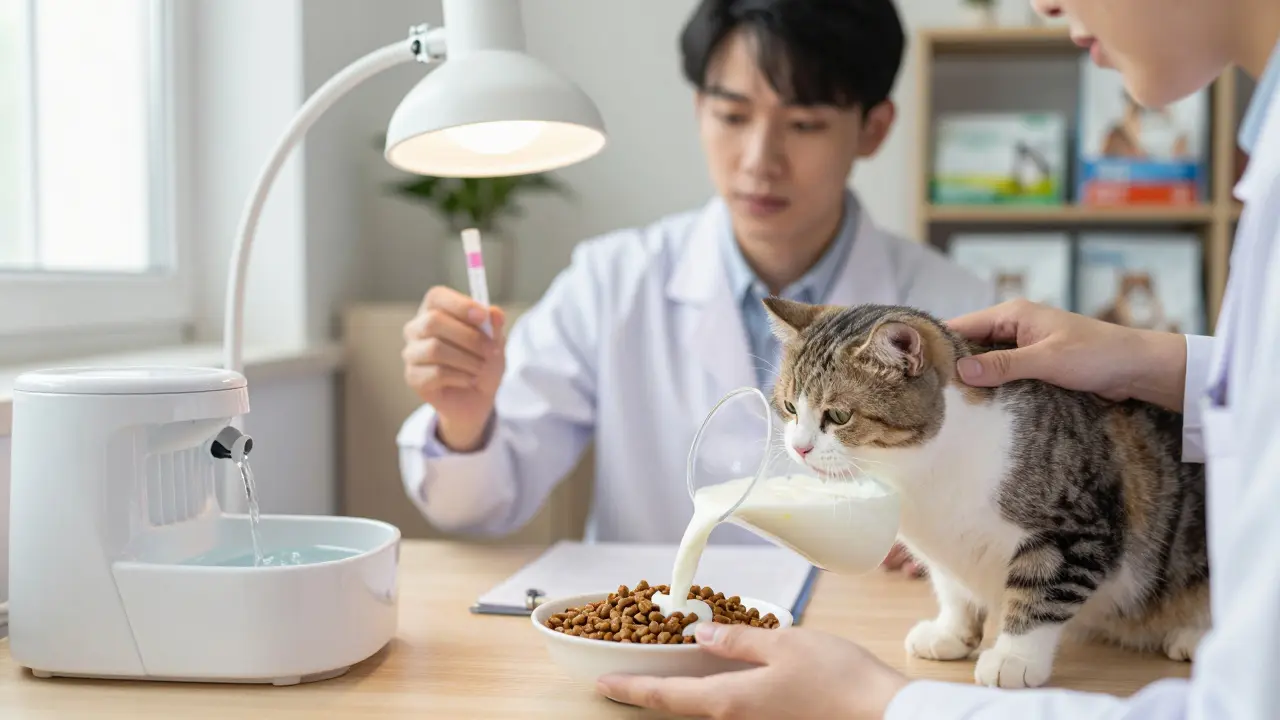 Владелец кошки добавляет кефир в корм, на фоне — ветеринар с анализом мочи и водяной фонтанчик для кошки.