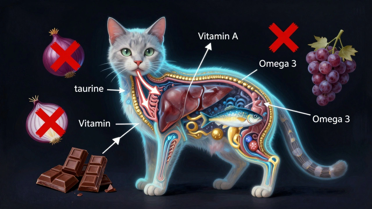 Внутреннее строение кошки с потоками полезных веществ и запрещёнными продуктами.