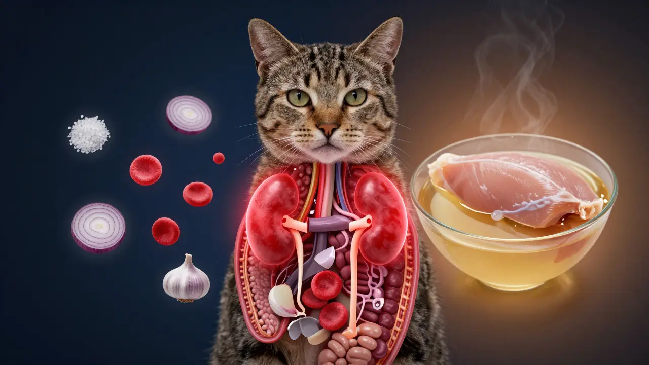 Внутреннее строение кошки с предупреждающими символами соли и лука.