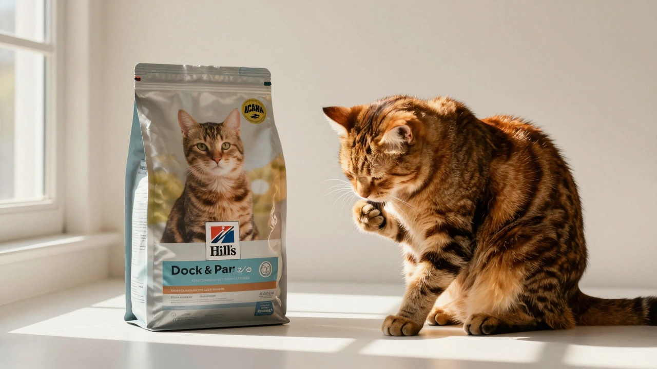 Здоровая кошка с блестящей шерстью рядом с пакетом гипоаллергенного корма, солнечный свет и тихая атмосфера.