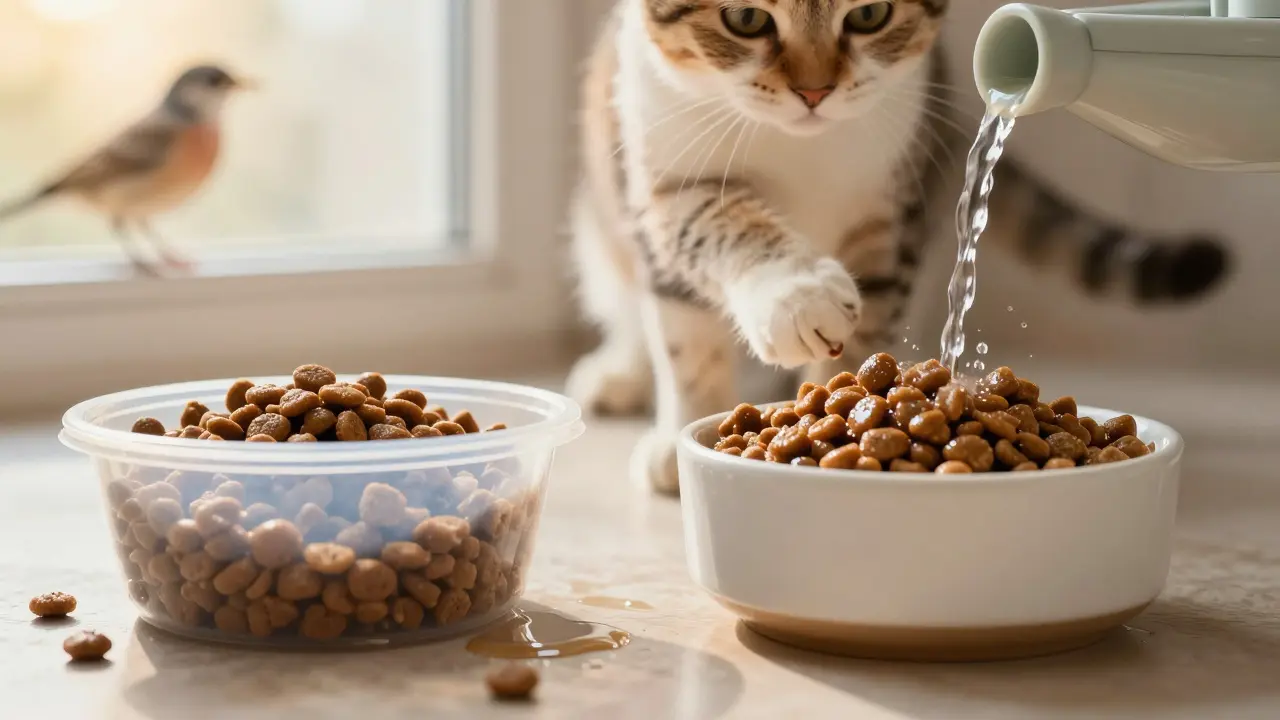 Две миски: сухой корм и влажная еда — кошка колеблется между ними на фоне окна.