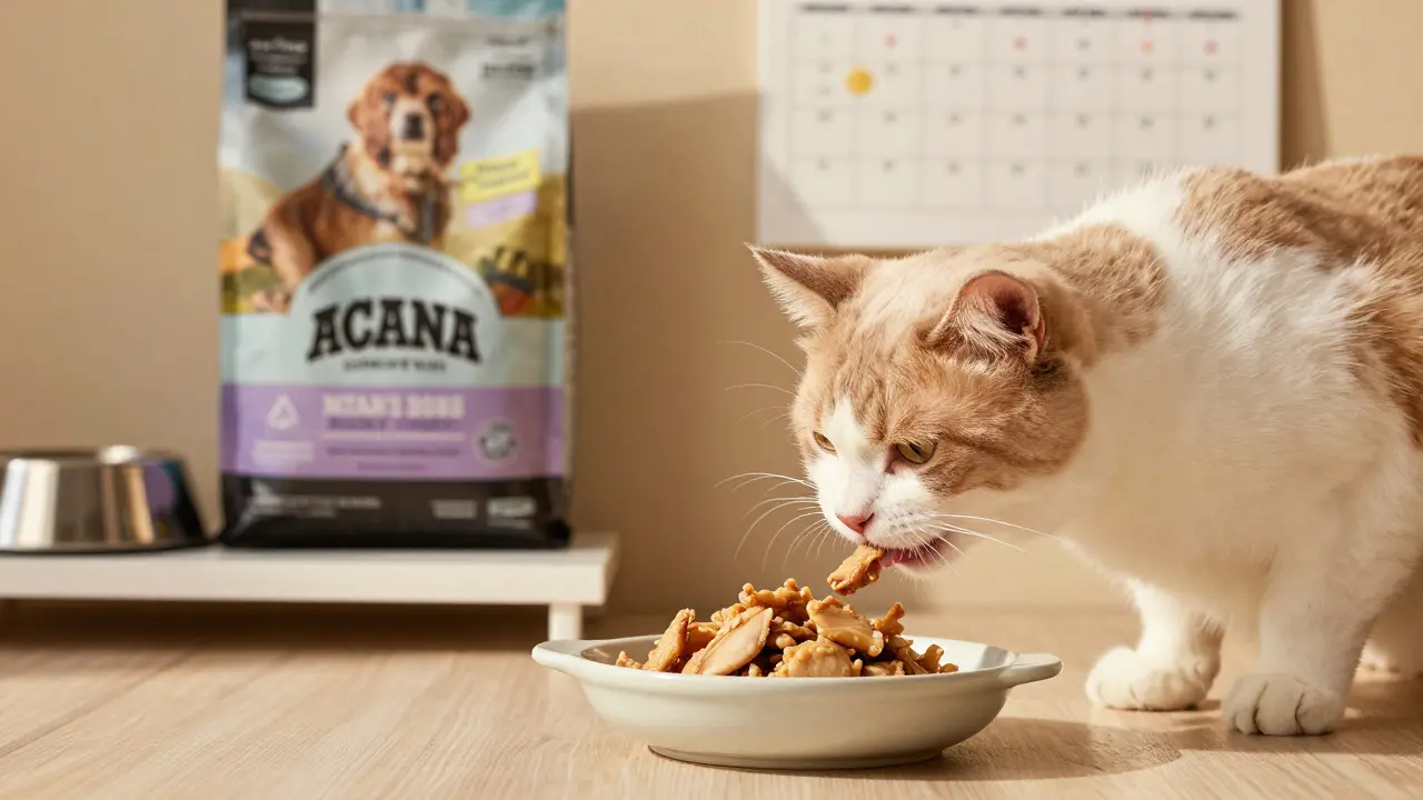 Кошка лизает курицу с ложки, на фоне пакета сухого корма и миски с водой.