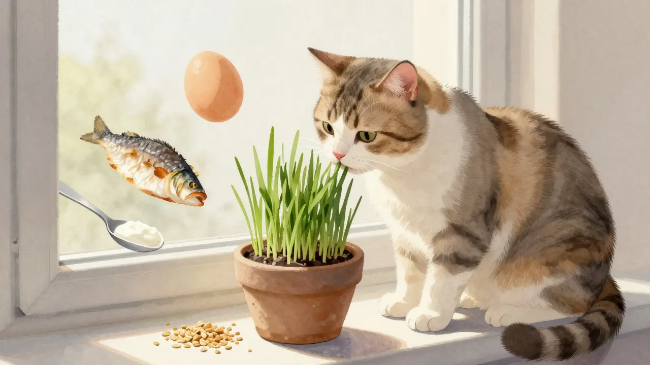 Кот ест свежую кошачью траву из горшка на подоконнике, рядом — яйцо, рыба и кефир.