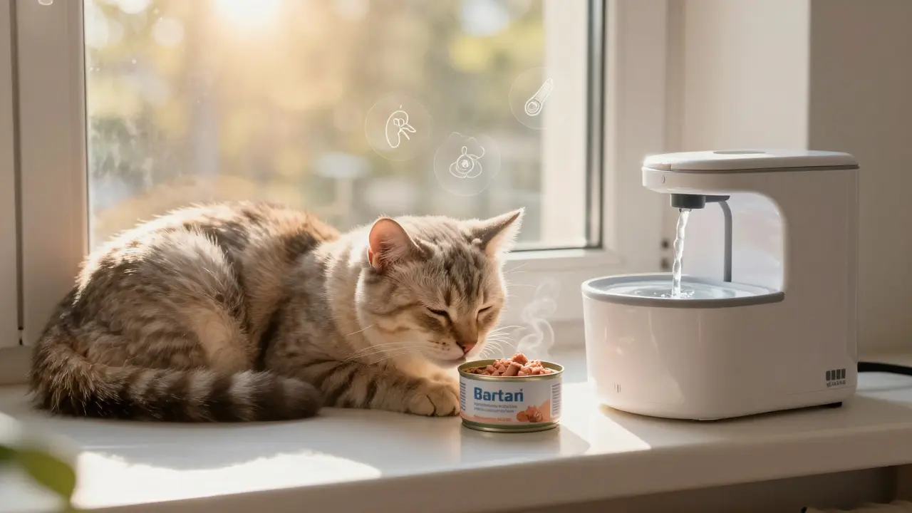 Пожилая кошка спит у окна, рядом — открытая банка влажного корма и фонтанчик для воды.