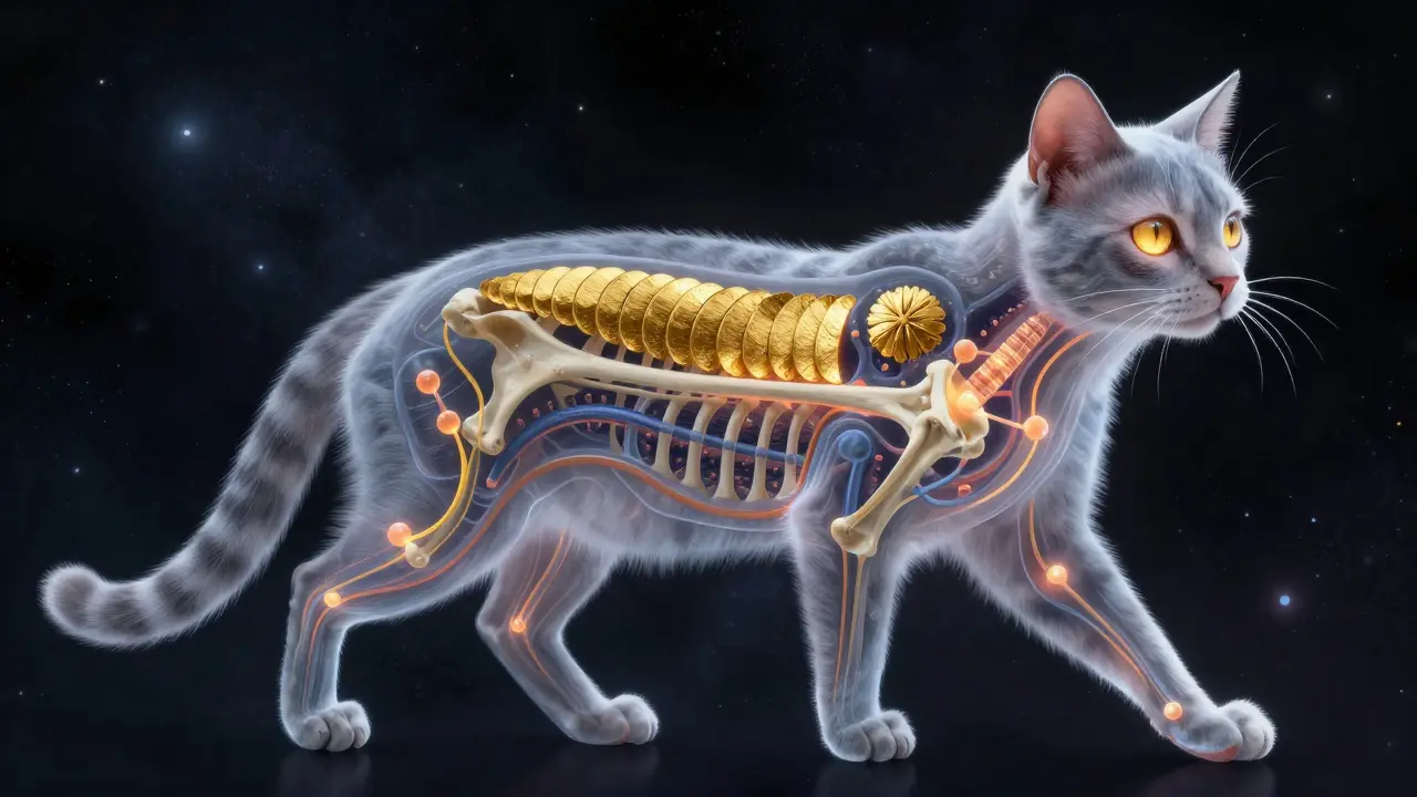 Прозрачная кошка с подсвеченными биологическими компонентами: таурином, жирными кислотами и кальцием.