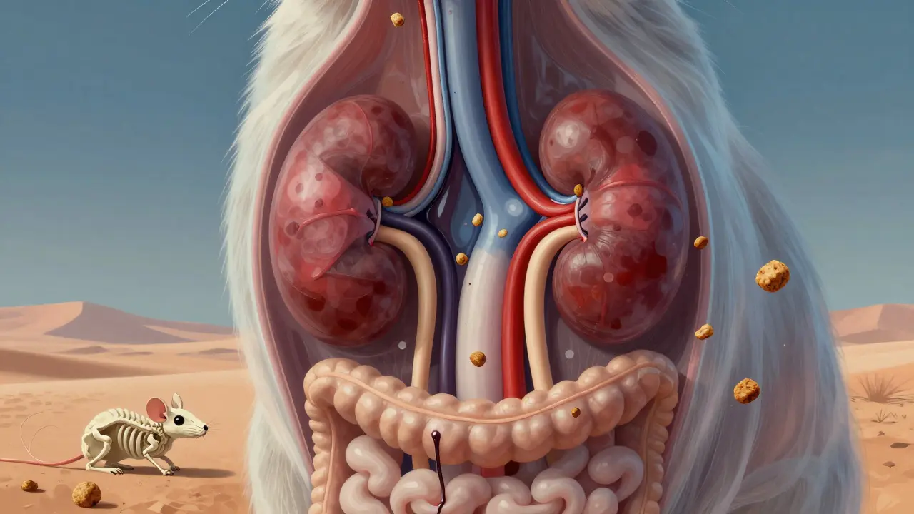 Прозрачное изображение внутренних органов кошки с концентрированной мочой и сухим кормом в виде камней.