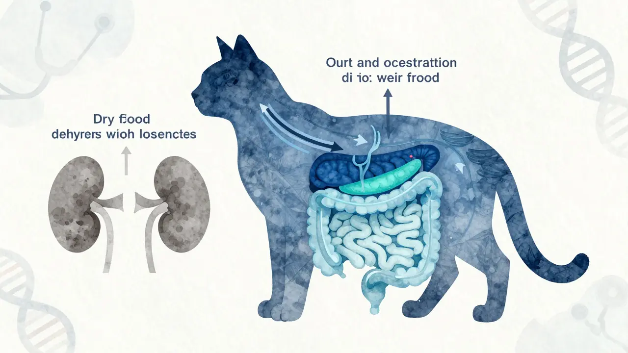 Схема пищеварительной системы кошки с потоками воды при питании сухим и влажным кормом.