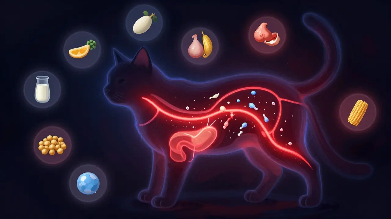 Схематичное изображение иммунной реакции кошки на аллергены в корме.