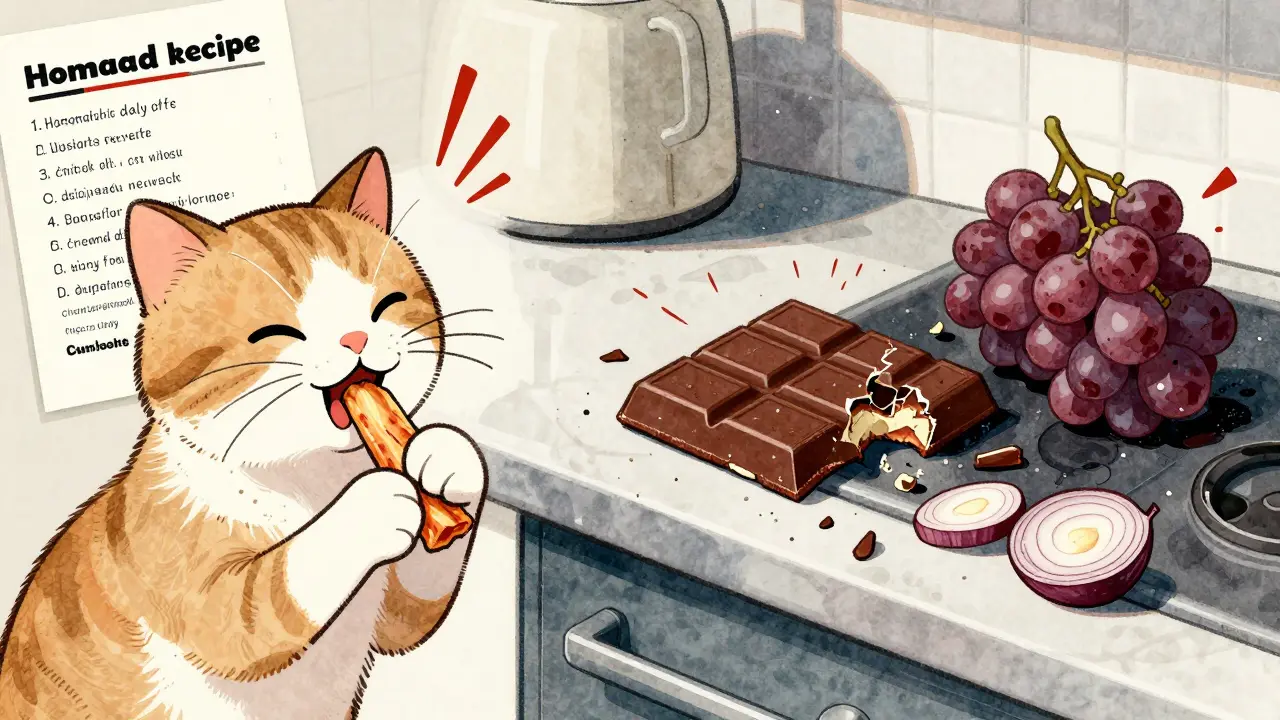 Слева — кот ест домашнее лакомство, справа — опасные продукты: шоколад, виноград, лук.