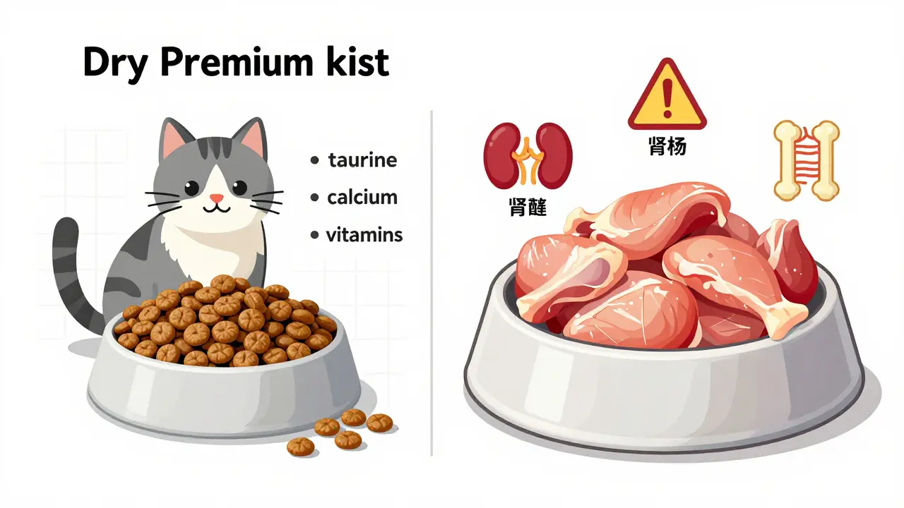 Сравнение сбалансированного рациона кошки и неправильного кормления курицей.