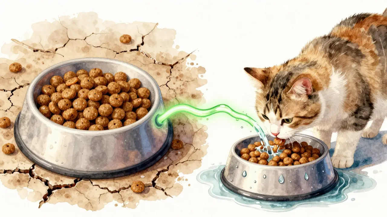 Сравнение сухого и влажного корма: слева — обезвоженная земля, справа — здоровая кошка у водяного фонтанчика.