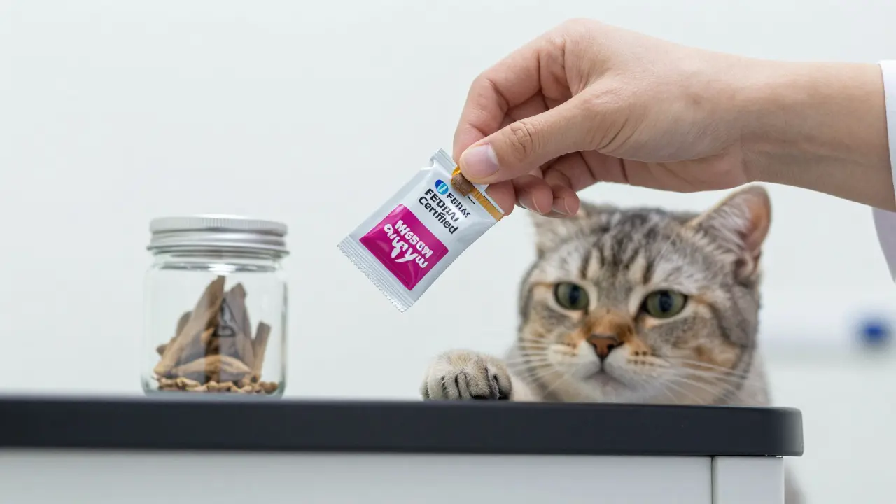 Ветеринар держит упаковку сертифицированного лакомства, кот смотрит вверх.