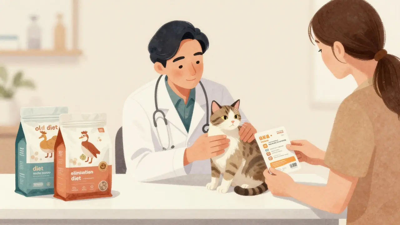 Ветеринар осматривает кота, рядом — пакеты корма с минимальным составом ингредиентов.