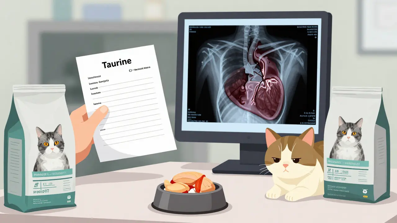 Ветеринар показывает рентген сердца кошки и анализ крови с низким таурином.