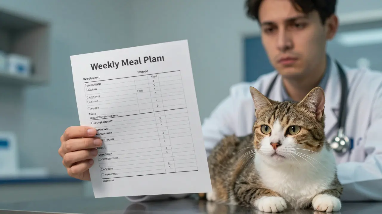 Ветеринар смотрит на анализ крови кошки, на фоне — недельный план питания.