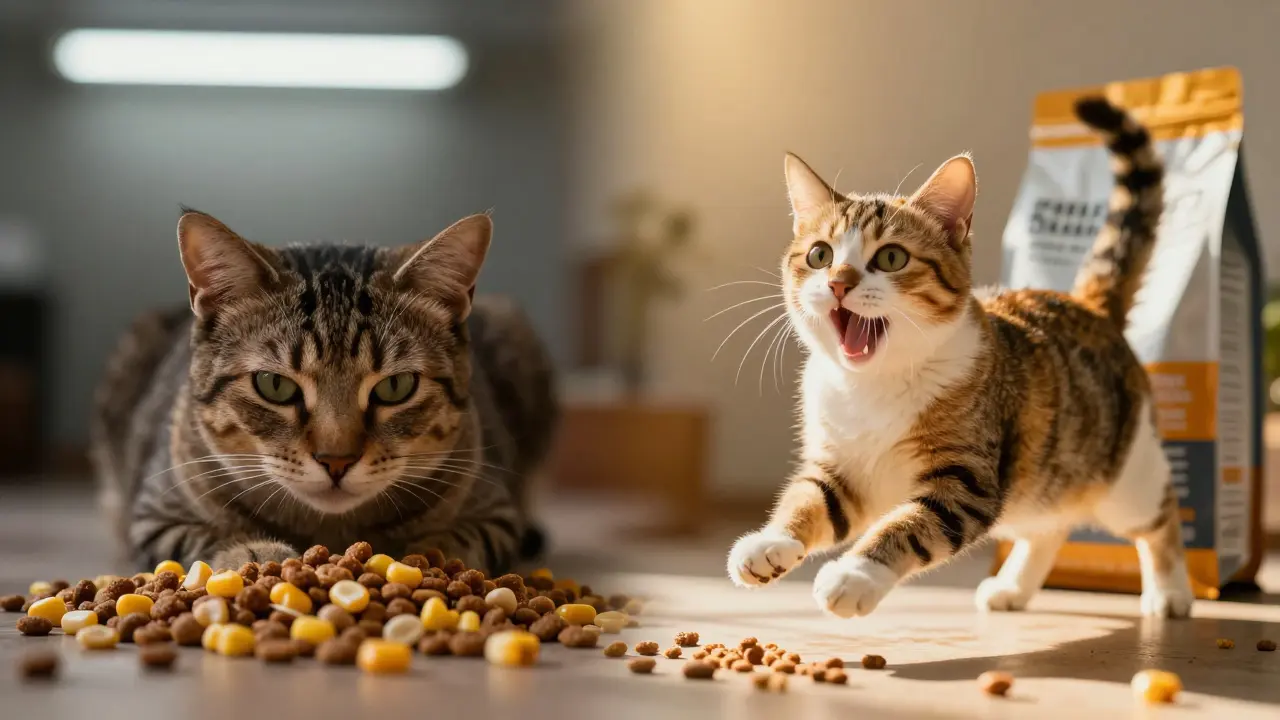 Две кошки: одна вялая с дешевым кормом, другая энергичная с качественным кормом — сравнение влияния питания на здоровье.