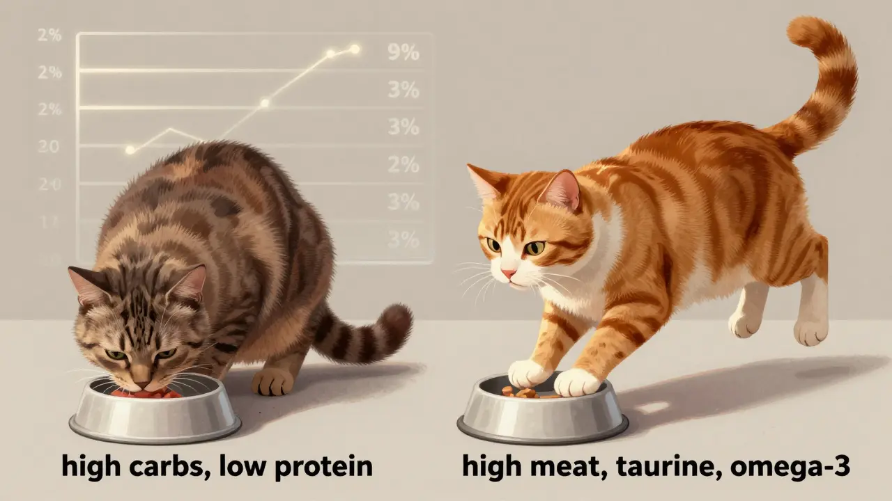 Две кошки: одна вялая с тусклой шерстью, другая активная с блестящей шерстью, рядом с разными кормами.
