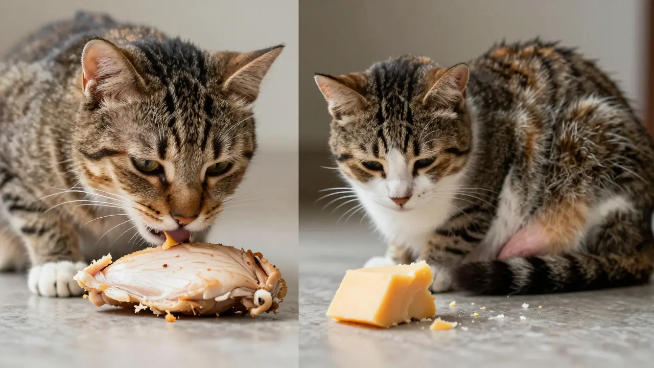 Кошка ест курицу — здоровая и активная — или свернулась от дискомфорта после сыра.