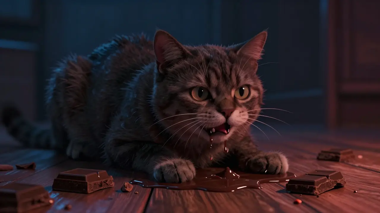 Кот в состоянии отравления шоколадом, дрожит и рвет.