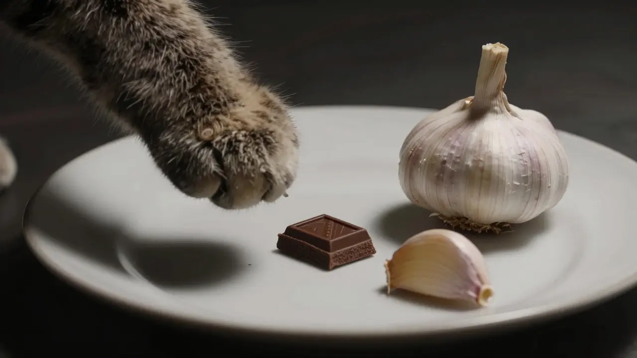 Лапа кошки тянется к шоколаду и чесноку на тарелке, тёмные тени подчёркивают опасность.
