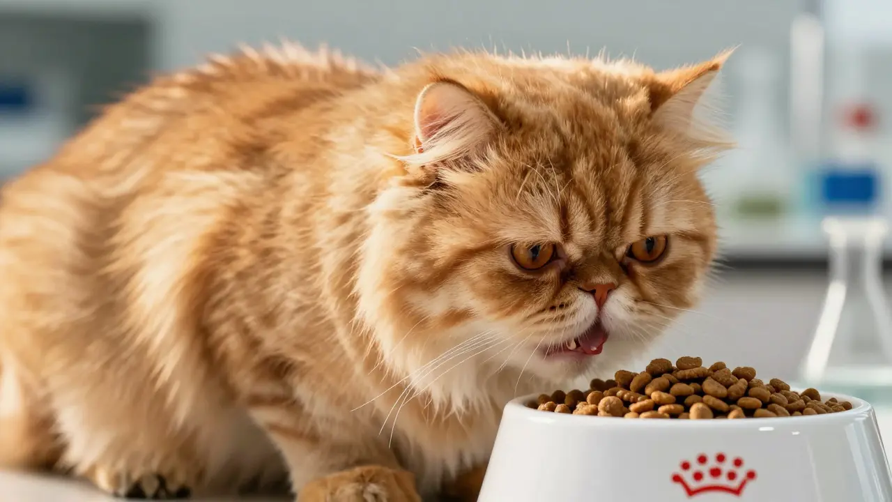 Персидская кошка с блестящей шерстью рядом с миской Royal Canin. Макрофотография корма.