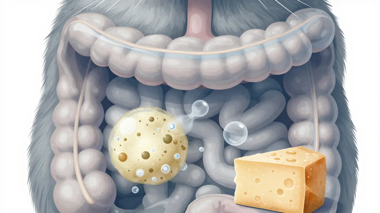 Прозрачное изображение пищеварительной системы кошки с бродящей лактозой и кусочком сыра.