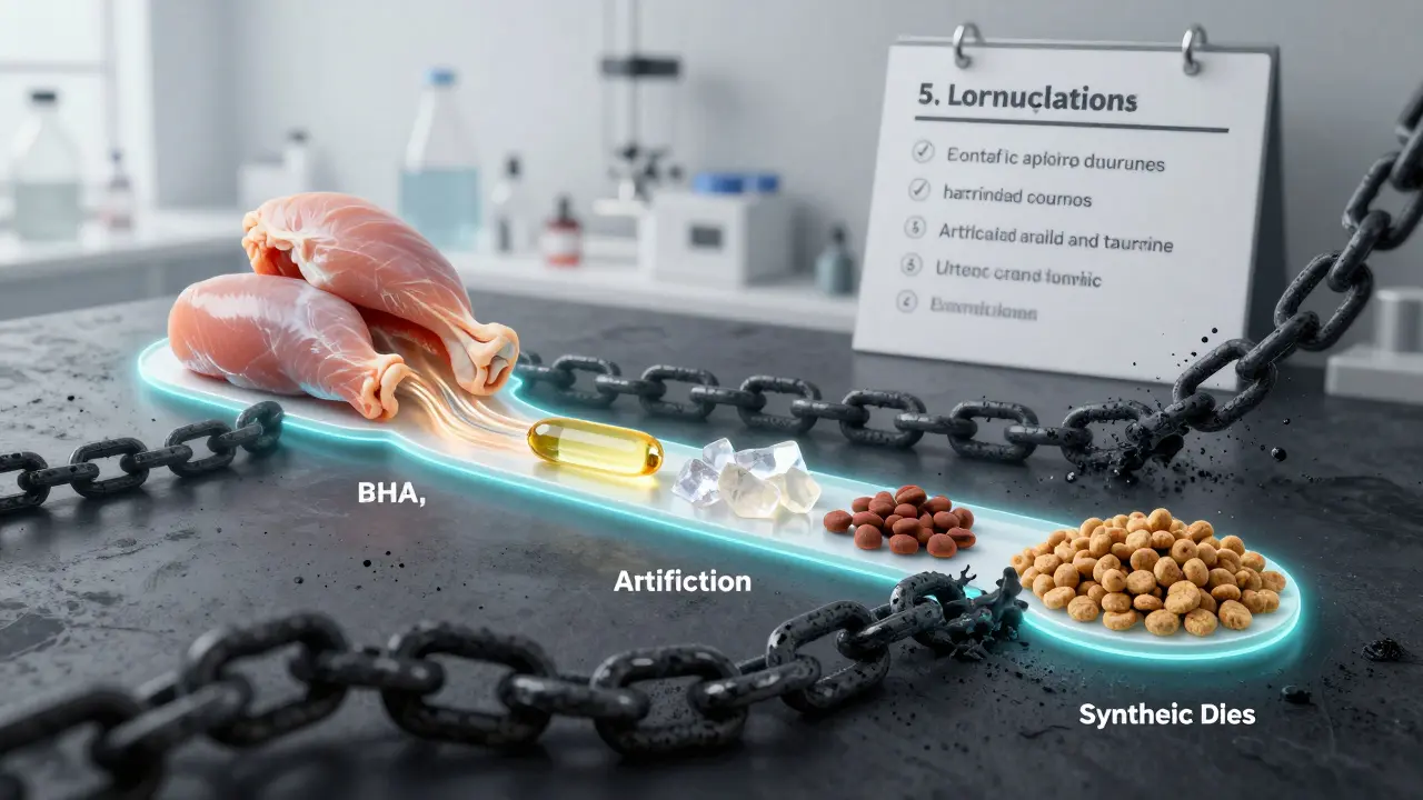 Схема пищеварительной системы кошки с чистыми питательными веществами и вредными добавками в виде цепей.