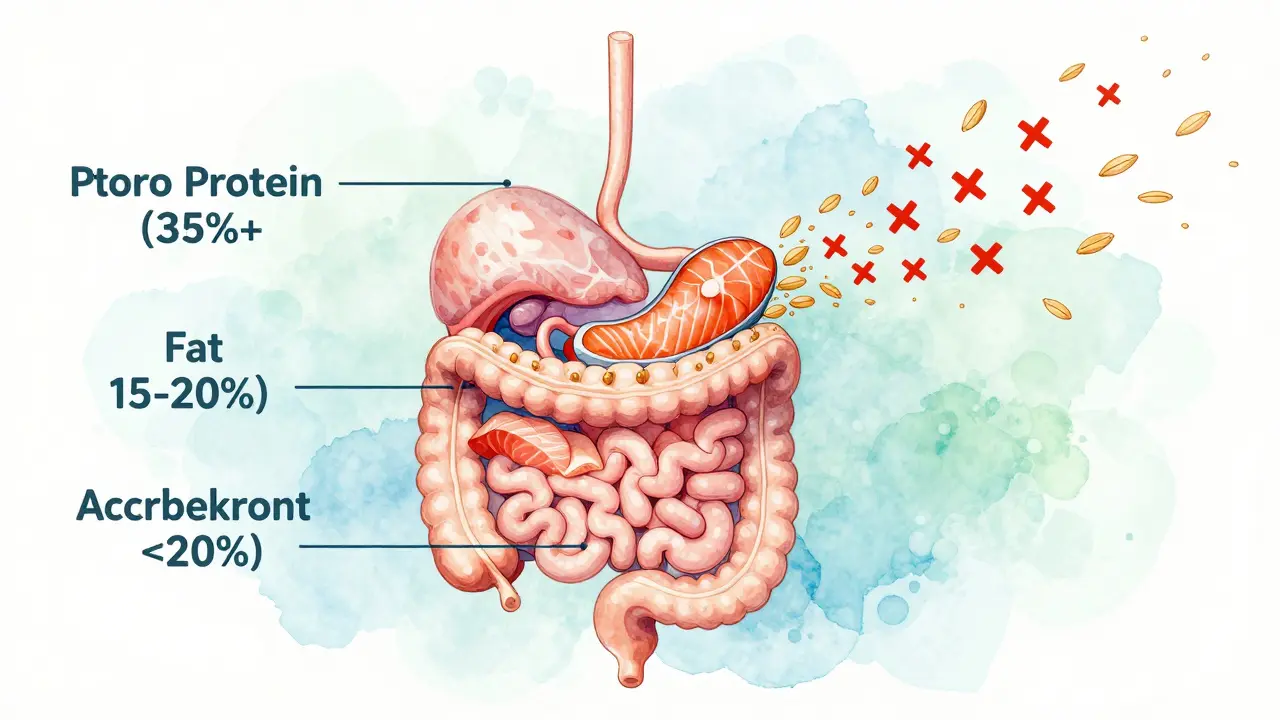 Схема пищеварительной системы кошки с оптимальным балансом белка, жира и углеводов, подчеркивающая качество ингредиентов.