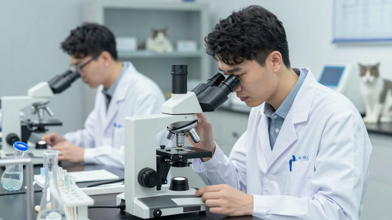 Ученые в лаборатории анализируют образцы корма для кошек. Научная иллюстрация.