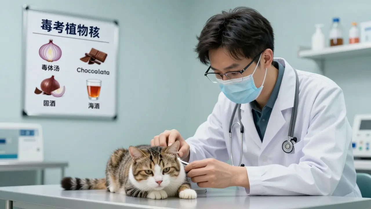 Ветеринар осматривает вялую кошку в клинике, на фоне — список токсичных продуктов.