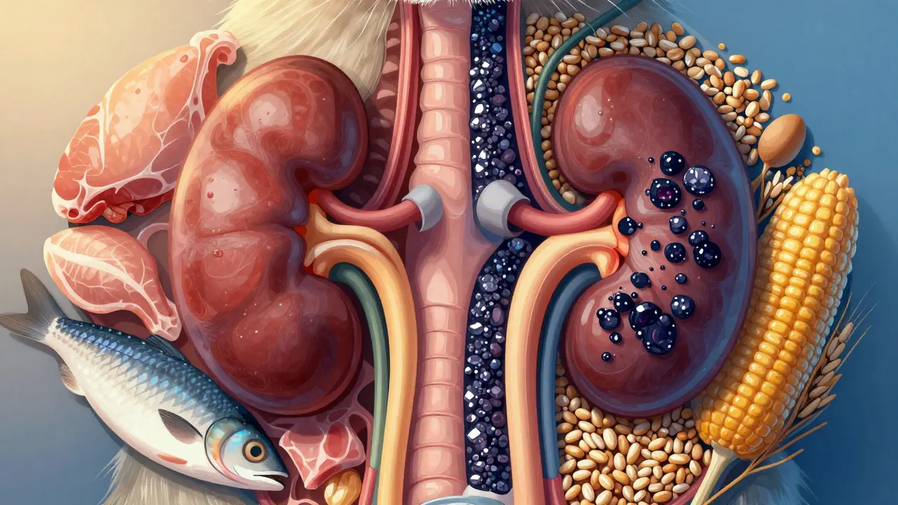 Внутреннее устройство кошки: почки с кристаллами мочи, разделённые на полезные и вредные ингредиенты.