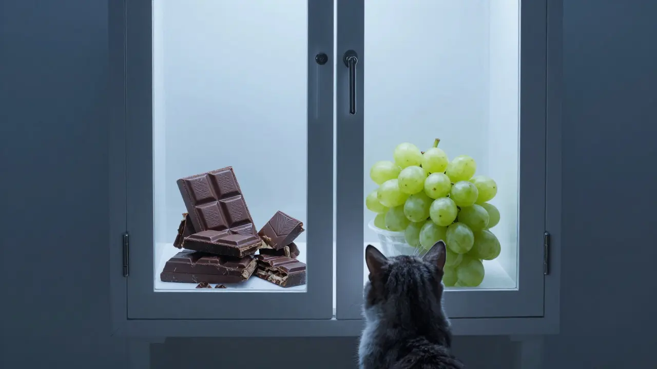 Закрытый шкаф с токсичными продуктами, кошка не может добраться.