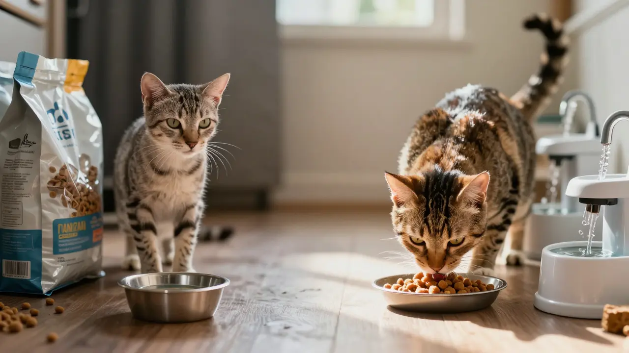 Два образа жизни кошки: одна бледная и одинока, другая активная и сияющая — визуальное сравнение последствий питания.