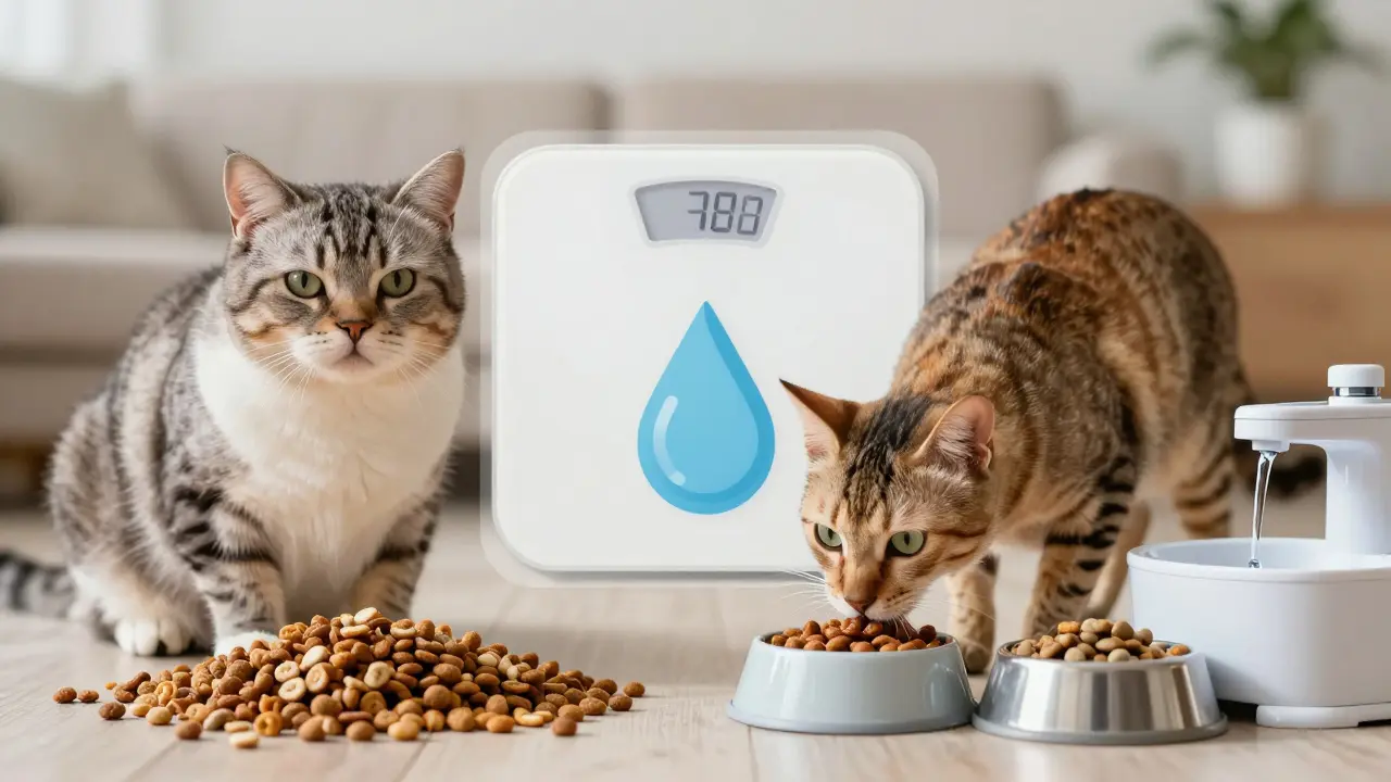Две кошки: одна с избыточным весом и переполненной миской, другая стройная с чистыми мисками и фонтанчиком.