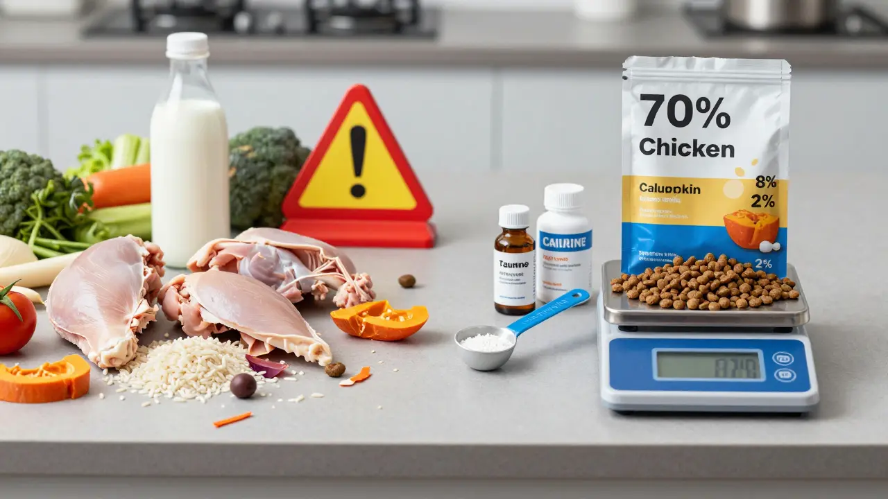 Две стороны кухонной стойки: хаотичные остатки еды против научно рассчитанного рациона для кошки с точными добавками.