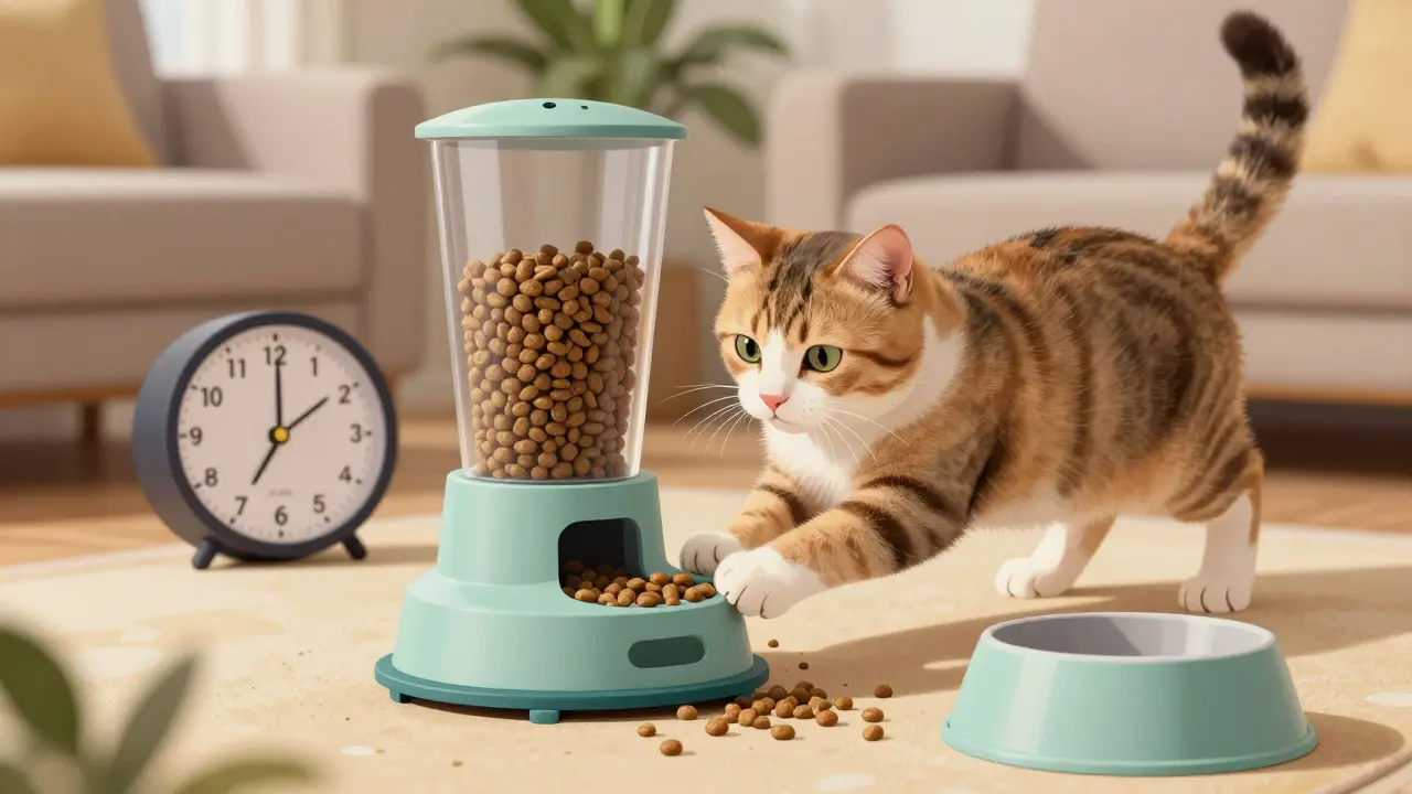 Кошка играет с игрушкой-раздатчиком корма, в воздухе летят гранулы.