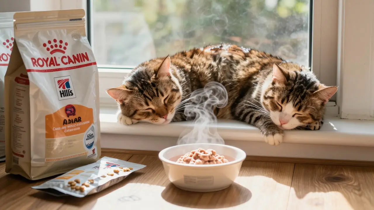 Кошка спит на подоконнике рядом с пакетами премиум-кормов и мокрой едой, солнечный свет подчёркивает её блестящую шерсть.