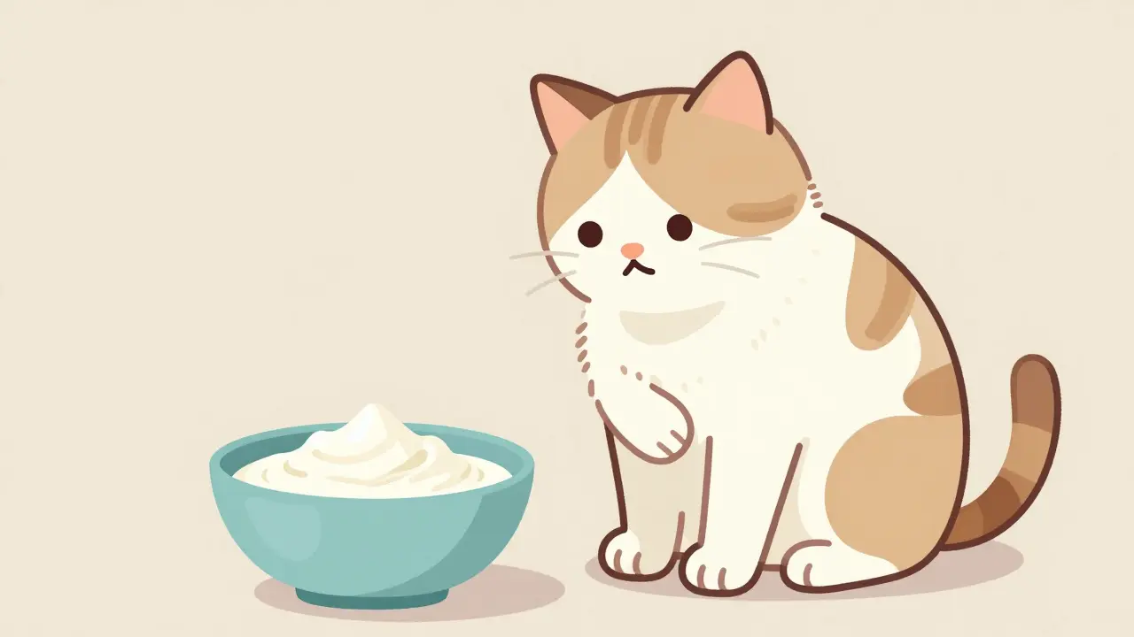 Кот выглядит некомфортно рядом с миской кисломолочного продукта